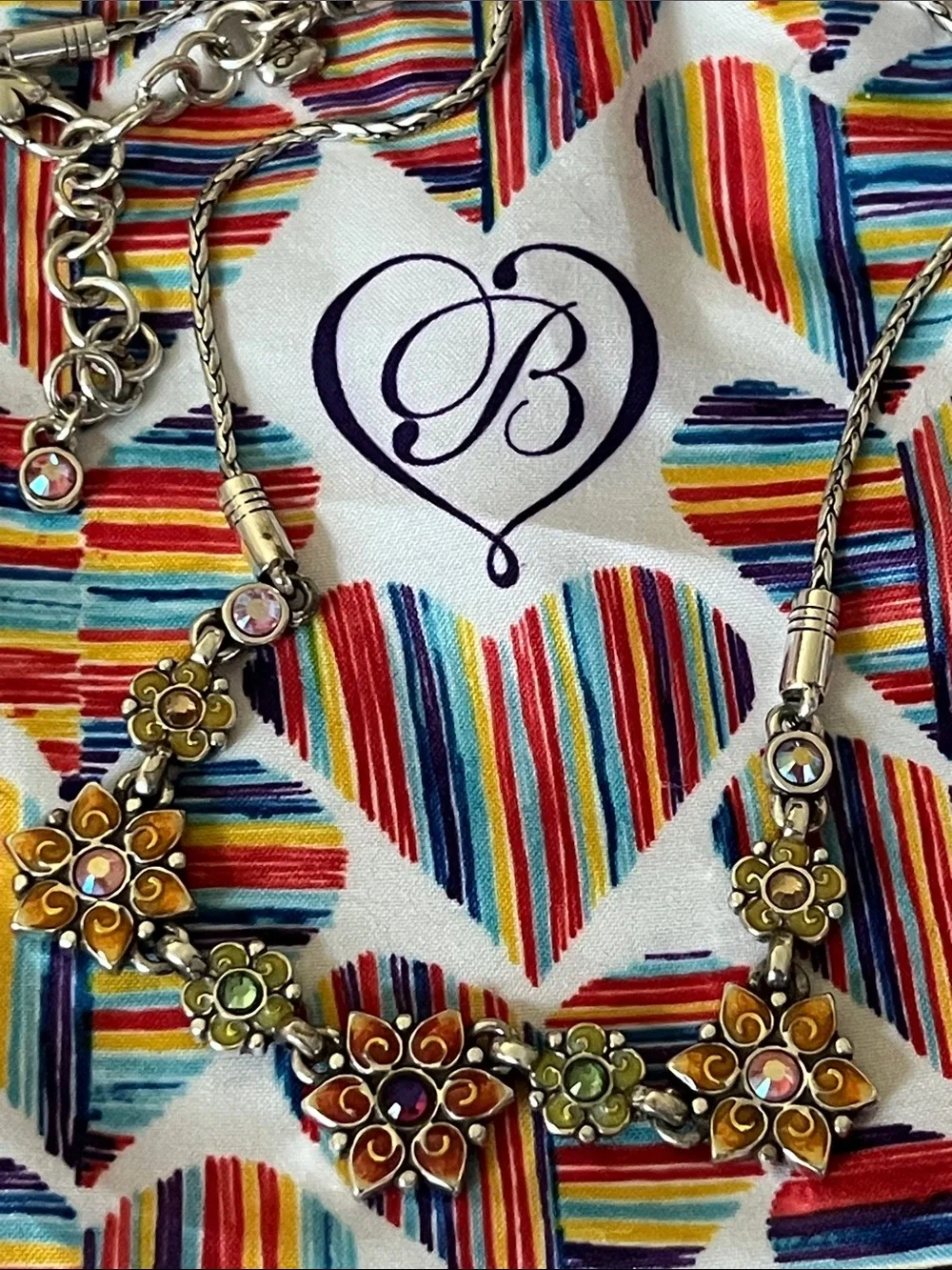 BRIGHTON Garden of Eden Silver Tone Enamel Flower Necklace w/Pouch NWOT